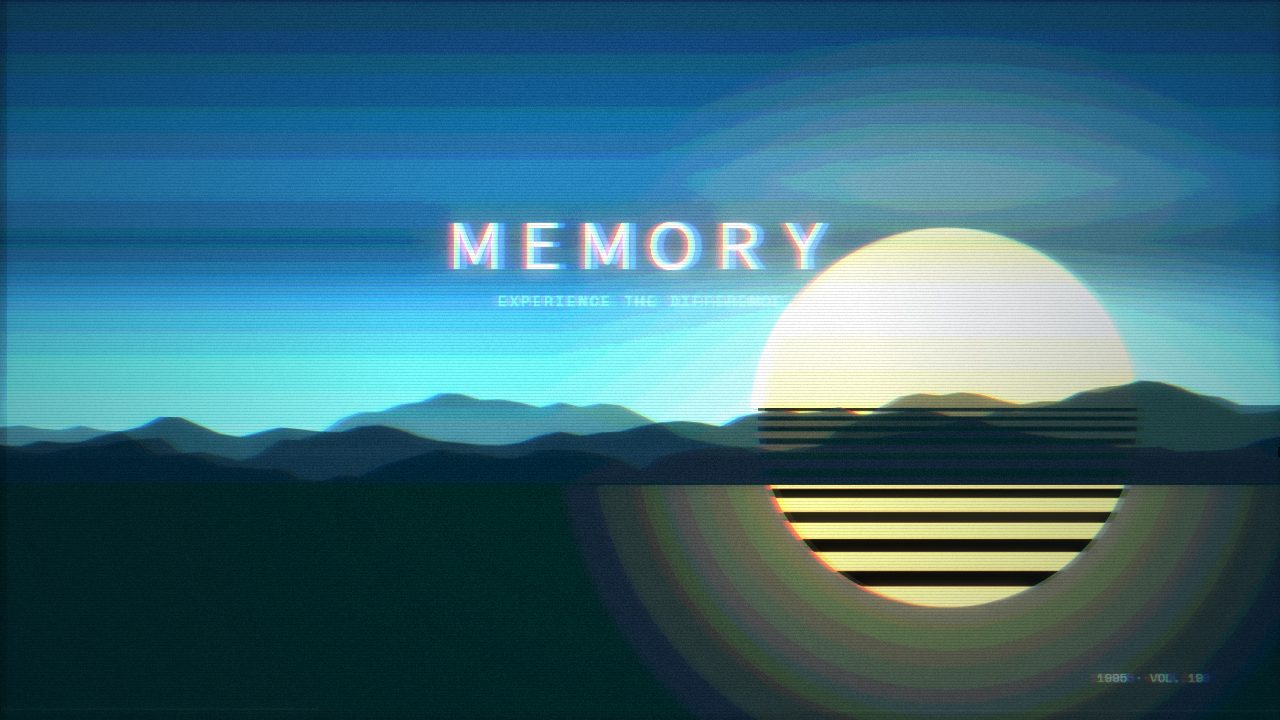 Blue horizon, sinking sun — vaporwave desktop wallpaper. A striped sun sinking behind blue mountains, with heavy bloom and colour smear across the sky.