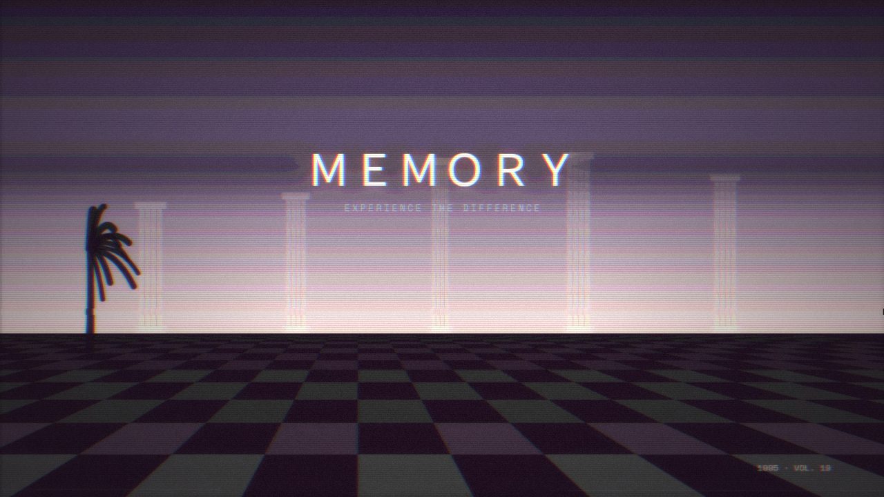 Atrium in lilac haze — vaporwave desktop wallpaper. Columns fading into a pale lilac fog above a checkerboard floor, with a palm at the left edge.