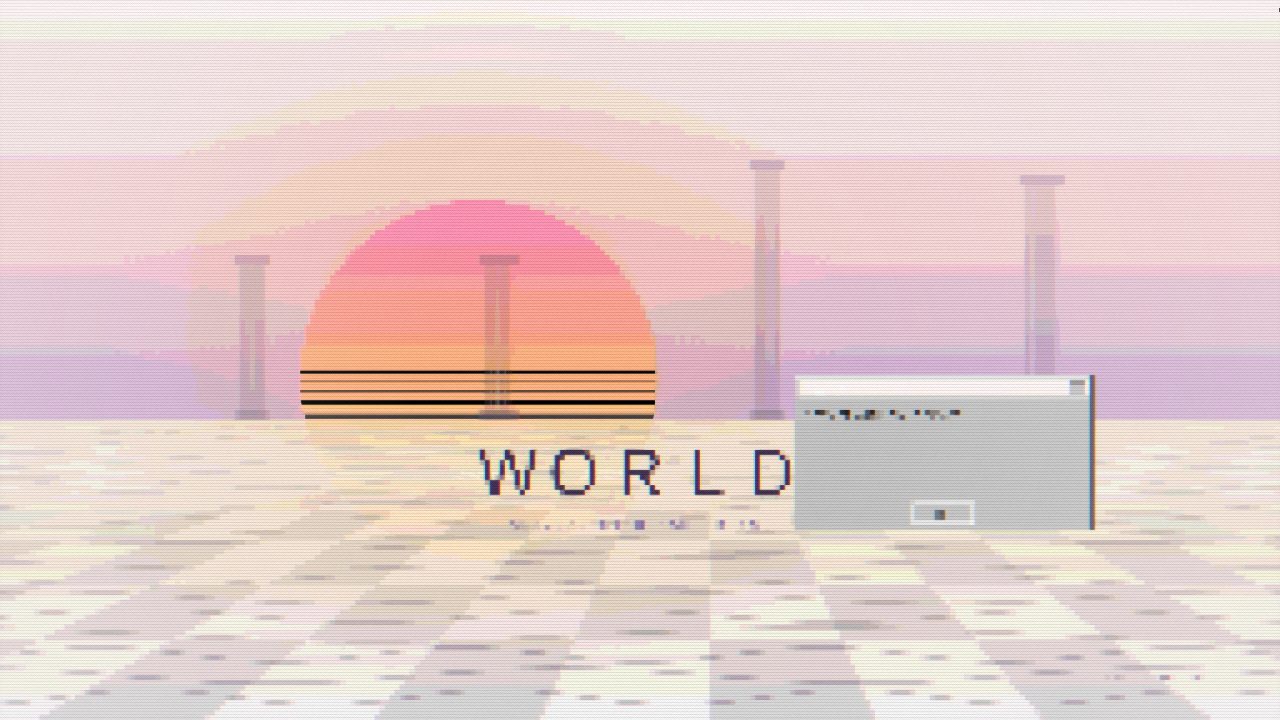 Pastel sunset with a system dialog — vaporwave desktop wallpaper. A pink sunset behind columns, a greyed-out system dialog and a pale dithered floor.