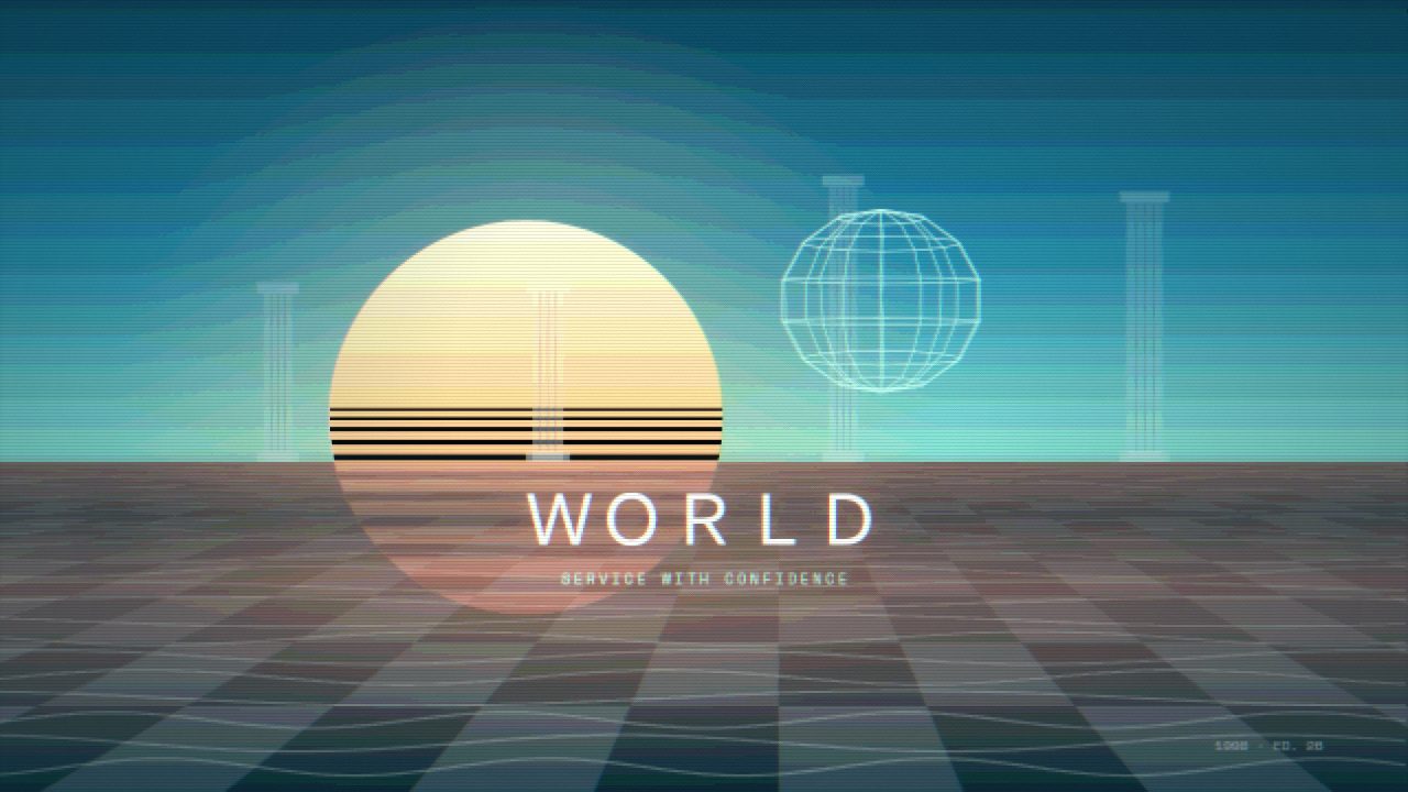 Wireframe globe and columns — vaporwave desktop wallpaper. A wireframe globe beside a striped sun, with columns and a grey checkerboard. Clean 1990s computer graphics.